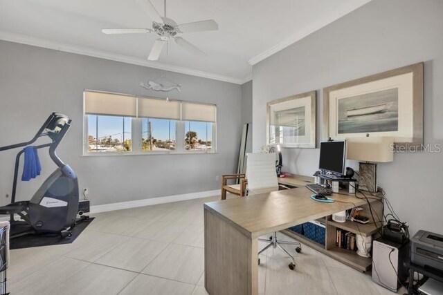 home office with light tile patterned floors, ceiling fan, and crown molding