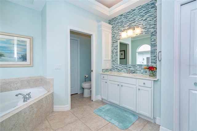 bathroom featuring vanity, crown molding, tile patterned flooring, tasteful backsplash, and tiled bath