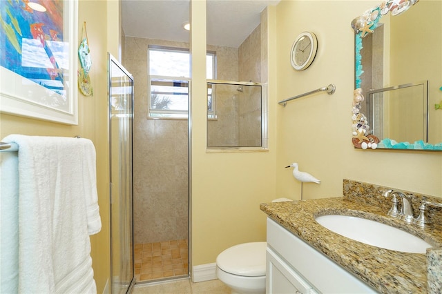 bathroom with tile patterned flooring, vanity, toilet, and an enclosed shower