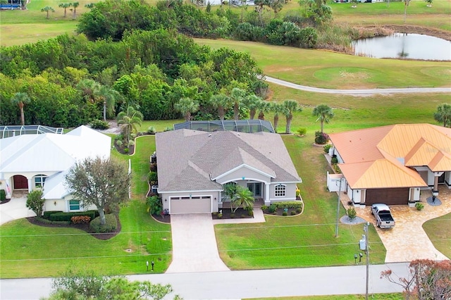 bird's eye view with a water view