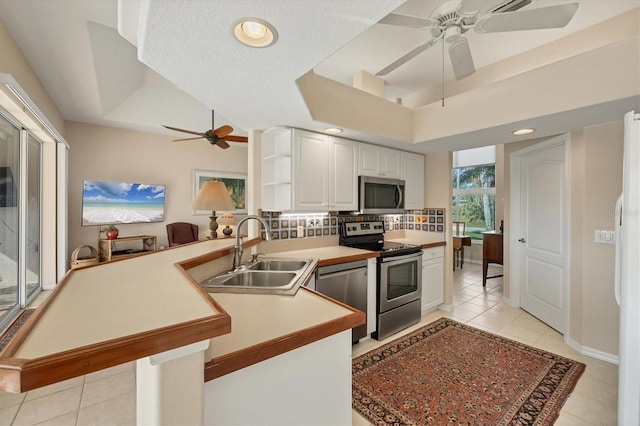 kitchen with a raised ceiling, kitchen peninsula, sink, and stainless steel appliances