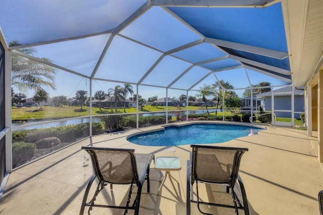 view of pool featuring a patio, a water view, and a lanai