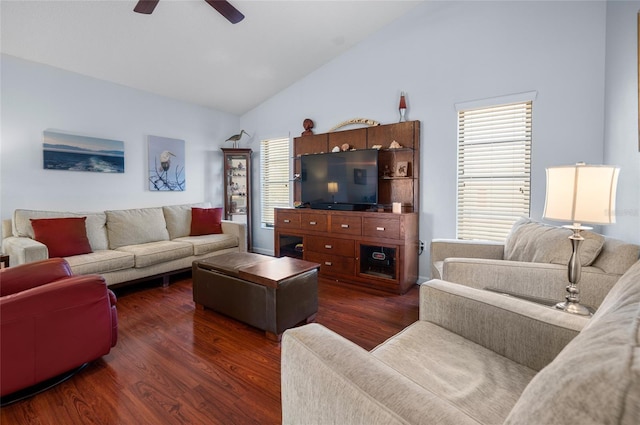 living room with dark hardwood / wood-style floors, ceiling fan, and lofted ceiling