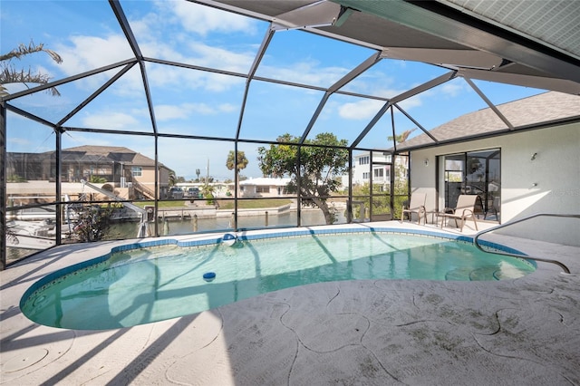 view of pool featuring a water view, a patio area, and a lanai