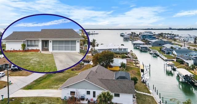 birds eye view of property featuring a water view