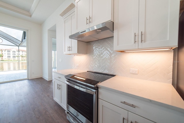 kitchen featuring decorative backsplash, light stone countertops, dark hardwood / wood-style flooring, electric range, and white cabinets