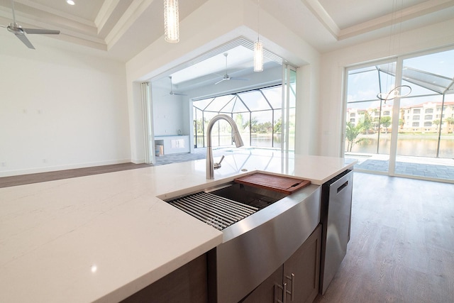 kitchen featuring stainless steel dishwasher, a tray ceiling, decorative light fixtures, hardwood / wood-style flooring, and a water view