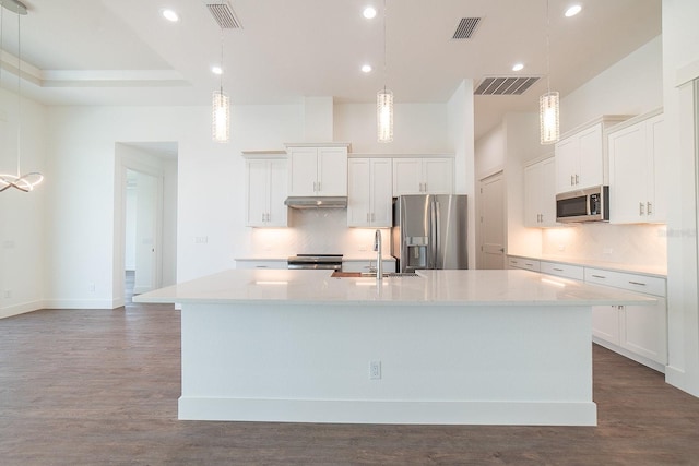 kitchen featuring white cabinets, a large island with sink, stainless steel appliances, and sink