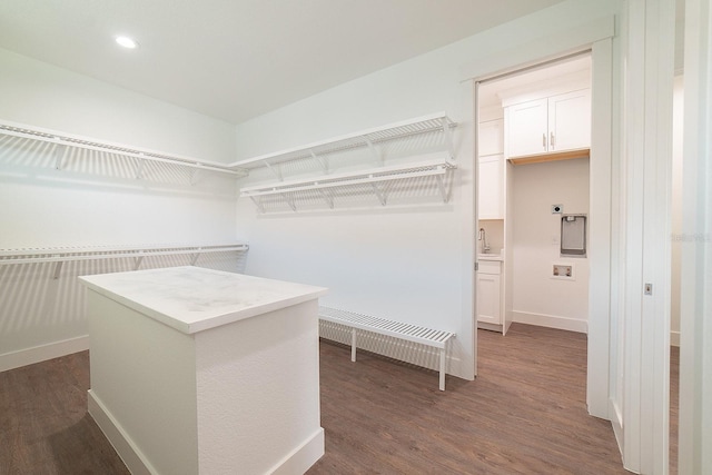 walk in closet with dark wood-type flooring