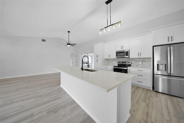 kitchen with white cabinetry, sink, a center island with sink, and appliances with stainless steel finishes