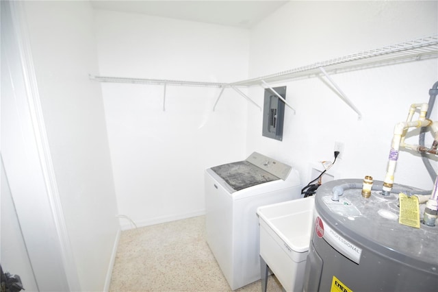 laundry room with washer / clothes dryer, sink, electric panel, and electric water heater