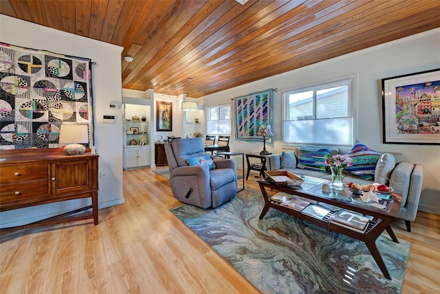 living room with wooden ceiling and light wood-type flooring