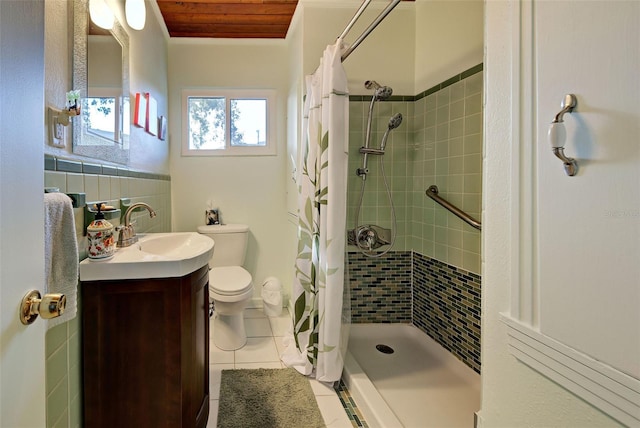 bathroom with vanity, tile patterned floors, curtained shower, and wooden ceiling