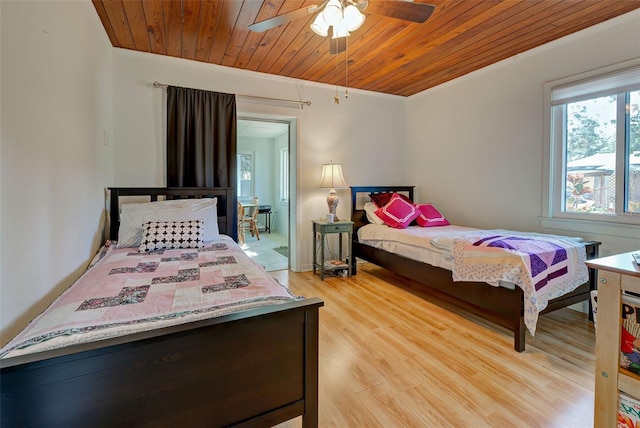 bedroom with light wood-type flooring, ceiling fan, and wood ceiling