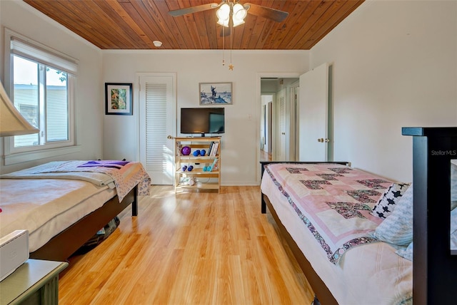 bedroom featuring light hardwood / wood-style flooring, ceiling fan, and wood ceiling