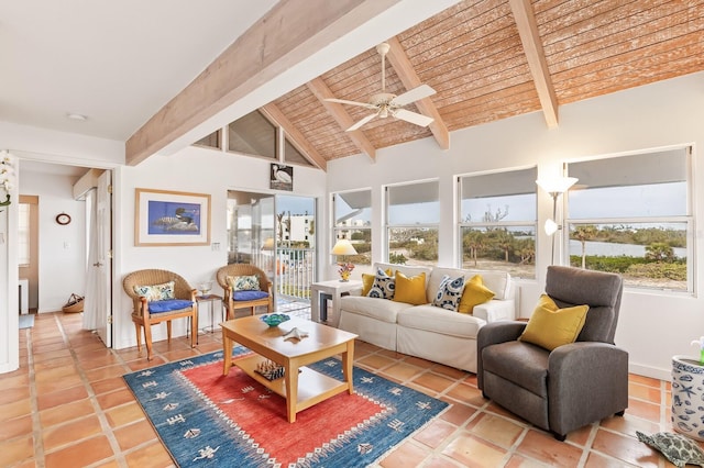 interior space with wood ceiling, tile patterned flooring, high vaulted ceiling, ceiling fan, and beam ceiling