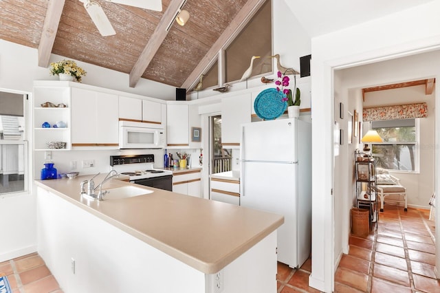 kitchen with white cabinetry, kitchen peninsula, wooden ceiling, white appliances, and lofted ceiling with beams