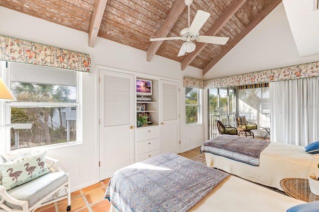 bedroom featuring ceiling fan, light tile patterned flooring, wood ceiling, and lofted ceiling with beams