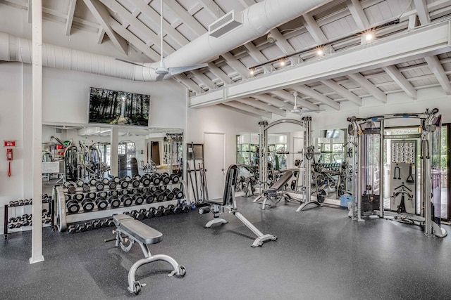 exercise room with high vaulted ceiling