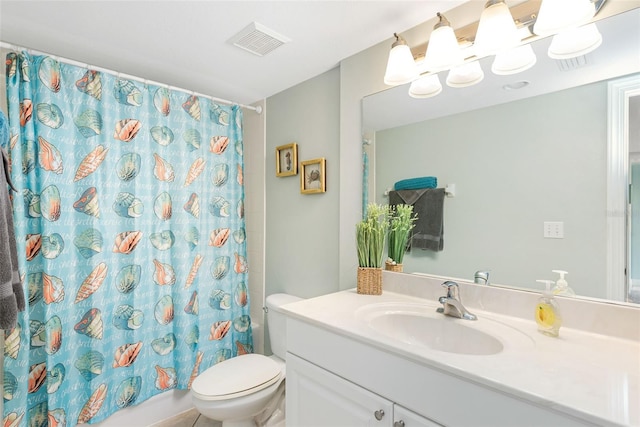 full bathroom with toilet, shower / bathtub combination with curtain, and vanity