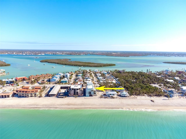 aerial view featuring a beach view and a water view