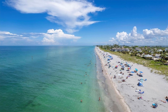 drone / aerial view with a water view and a view of the beach