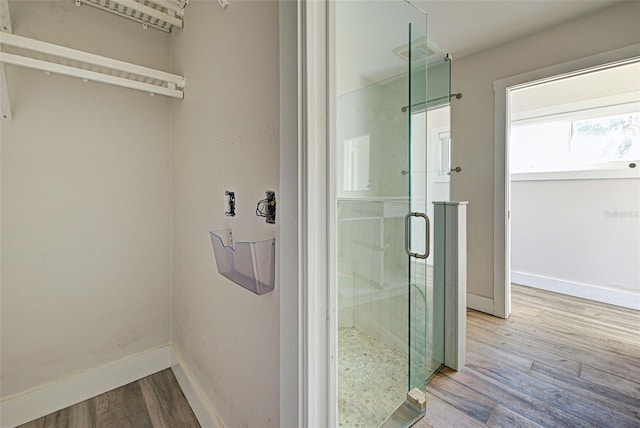 bathroom featuring wood-type flooring and walk in shower