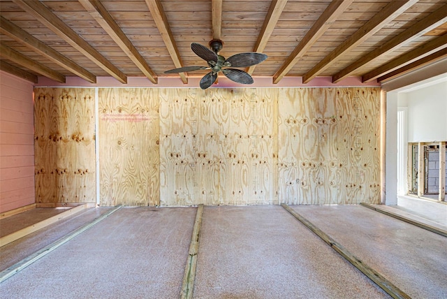 spare room with beamed ceiling, ceiling fan, wood ceiling, and wood walls