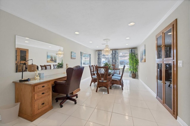 tiled office space with ornamental molding