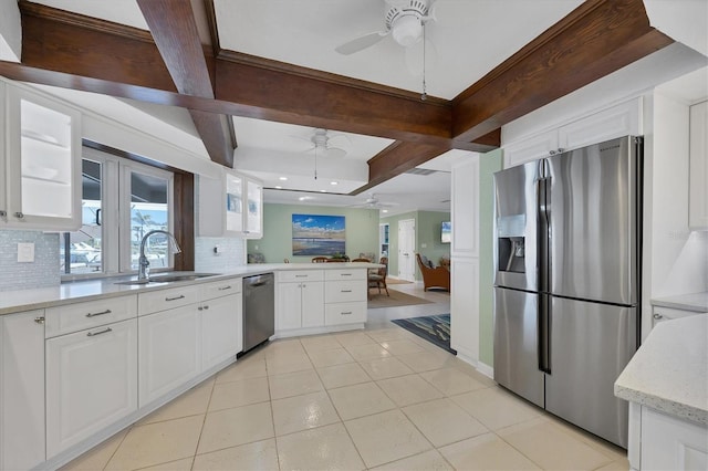 kitchen with backsplash, sink, white cabinets, and appliances with stainless steel finishes