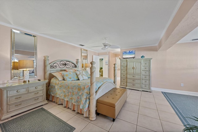 bedroom with ceiling fan, crown molding, and light tile patterned flooring