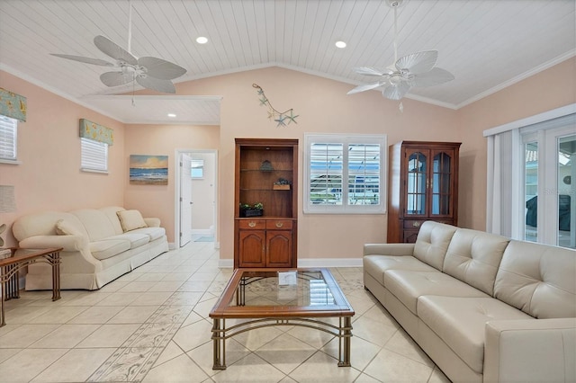 living room featuring a wealth of natural light, lofted ceiling, ornamental molding, and wood ceiling