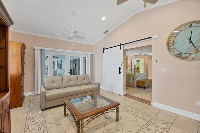 tiled living room with a barn door, wooden ceiling, lofted ceiling, and ornamental molding