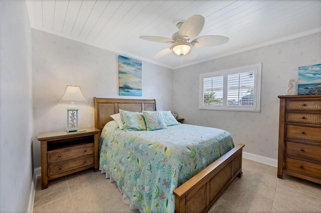 bedroom with ceiling fan, wooden ceiling, and ornamental molding