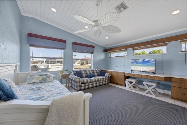 bedroom with ceiling fan, wooden ceiling, multiple windows, and vaulted ceiling