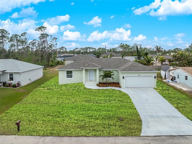 single story home featuring a garage and a front lawn