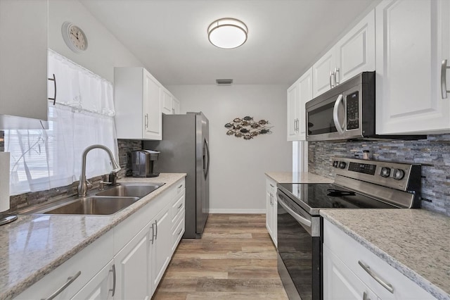 kitchen with white cabinetry, sink, stainless steel appliances, decorative backsplash, and light wood-type flooring