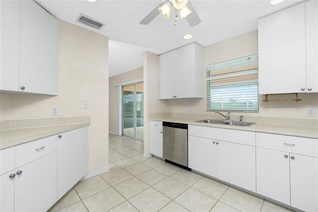 kitchen featuring white cabinetry, dishwasher, and sink