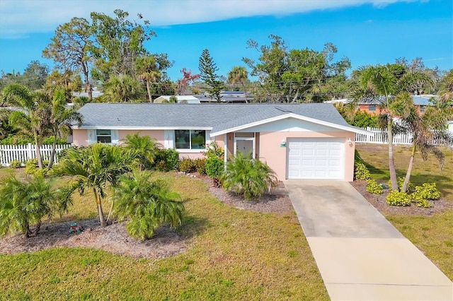 ranch-style home with a front lawn and a garage