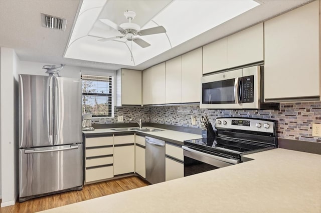 kitchen with decorative backsplash, sink, light wood-type flooring, and stainless steel appliances