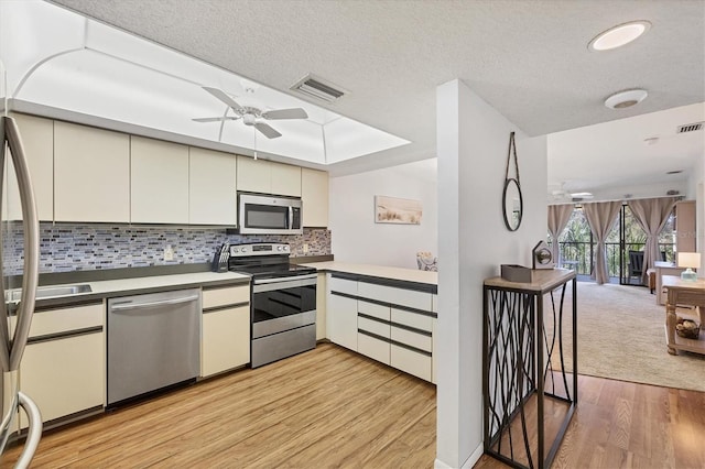 kitchen featuring backsplash, ceiling fan, light wood-type flooring, kitchen peninsula, and stainless steel appliances