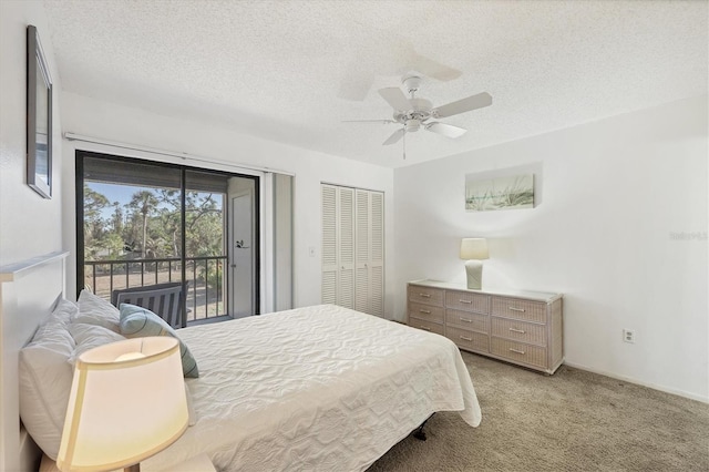 bedroom with access to exterior, ceiling fan, light colored carpet, a textured ceiling, and a closet