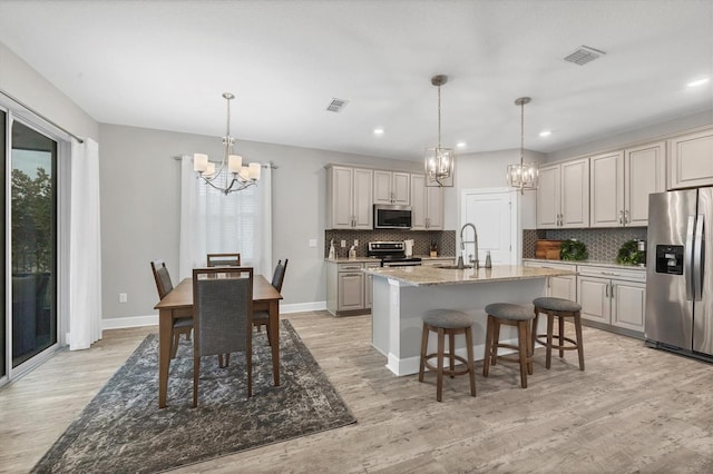 kitchen featuring appliances with stainless steel finishes, a kitchen island with sink, light stone countertops, pendant lighting, and sink