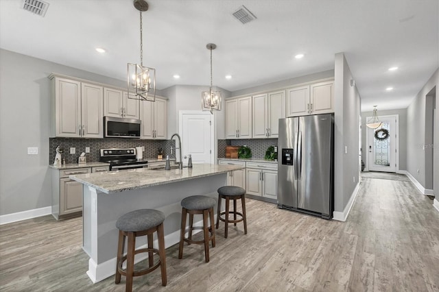 kitchen with light stone countertops, appliances with stainless steel finishes, a kitchen bar, an island with sink, and sink