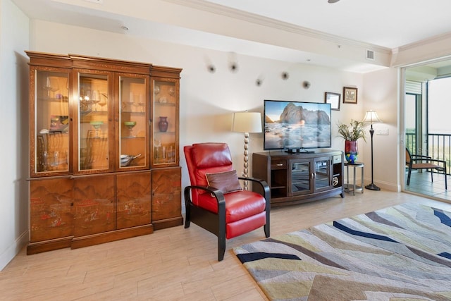 living area featuring ornamental molding