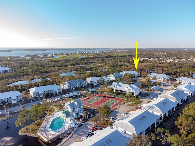 aerial view featuring a water view