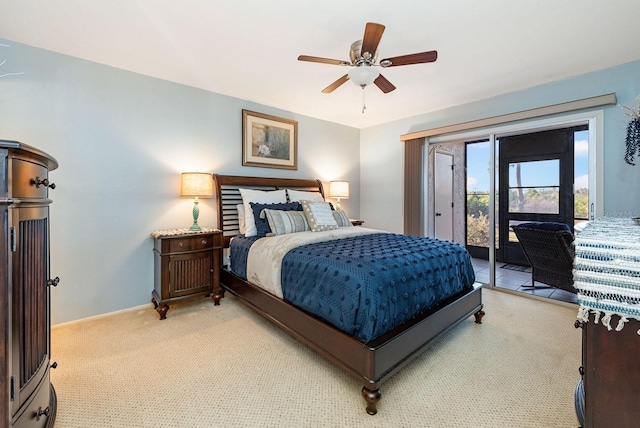 bedroom with access to exterior, ceiling fan, and light carpet