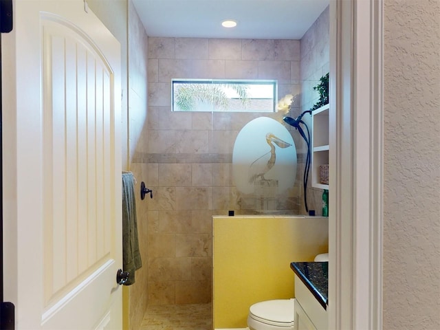 bathroom with vanity, a tile shower, and toilet