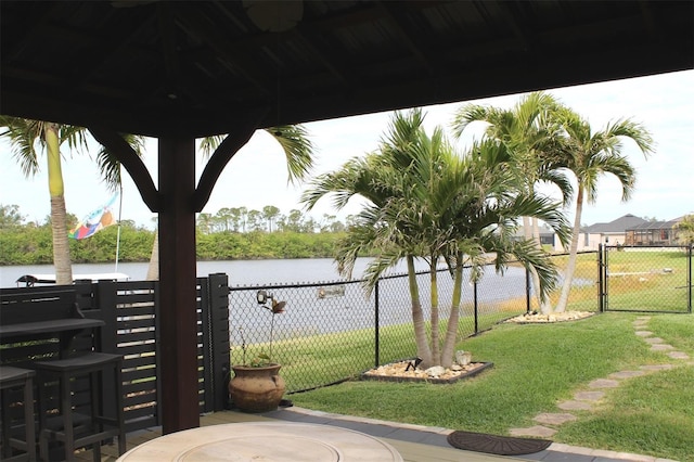 view of patio / terrace with a water view