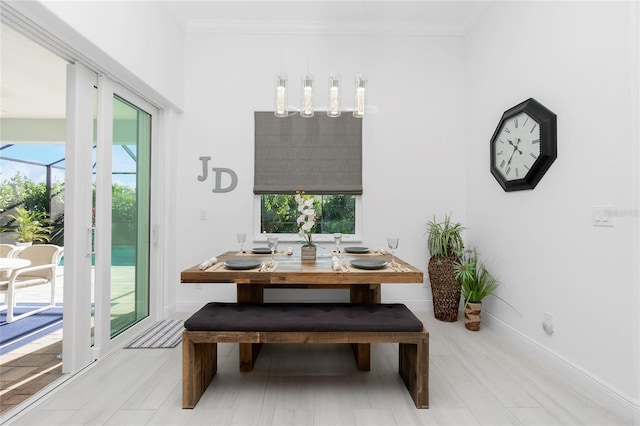 dining room featuring a healthy amount of sunlight, light hardwood / wood-style floors, and ornamental molding